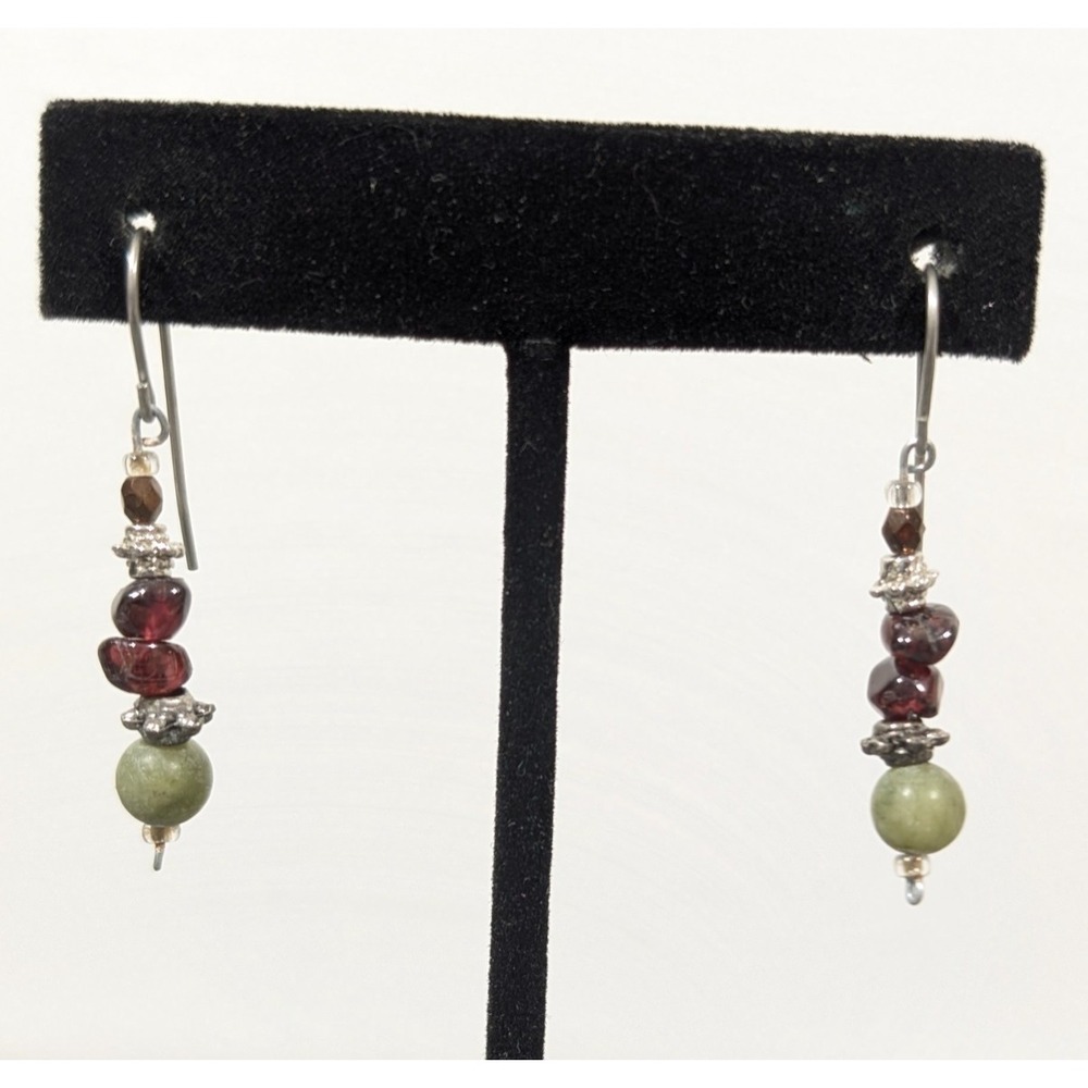 Green Aventurine Garnet Bead Dangle‎ Earrings Boho Gemstone Drop